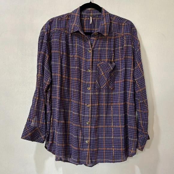 FREE PEOPLE WOMEN BLOUSE LONG SLEEVE PURPLE OVERSIZED SZ SMALL - Picture 1 of 11